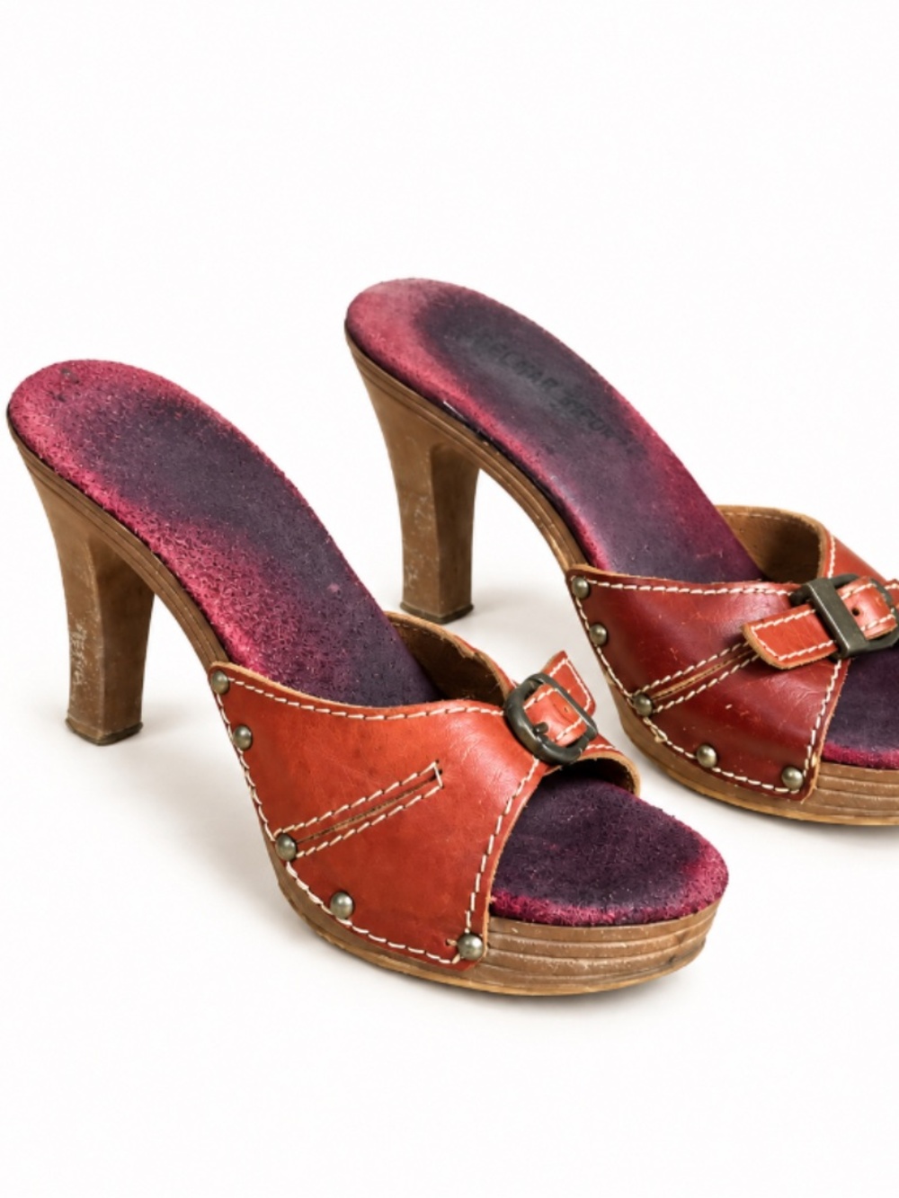 Vintage 70s Leather Platform Mule Heels Studded Buckle Boho Shoes